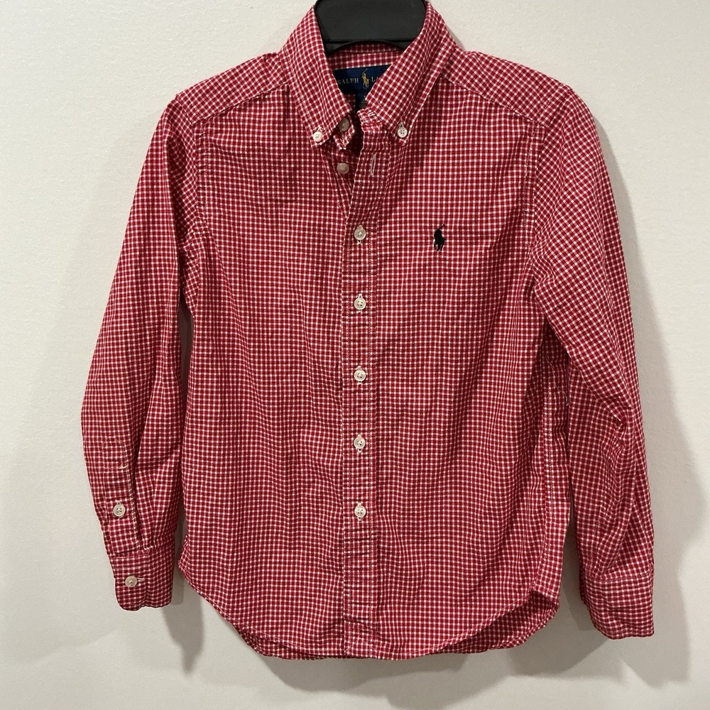 Ralph Lauren Kids Red Gingham Oxford Button Down Shirt Long Sleeve Size 8 Preppy